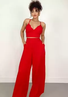 CONJUNTO FEMININO EM VISCOLINHO CALÇA PANTALONA E CROPPED DE ALÇA MANU REF. 1305 na internet
