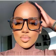 ÓCULOS DE SOL FEMININO MEIA ARMAÇÃO QUADRADA METAL LENTE CHAMPANHE TENDÊNCIA