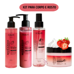 KIT Sabonete + Esfoliante + Hidratante Corporal e Facial + Óleo Corporal de Morango - Porán