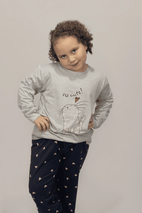 PIJAMA INFANTIL - GATINHO ROSA E CINZA MANGA LONGA