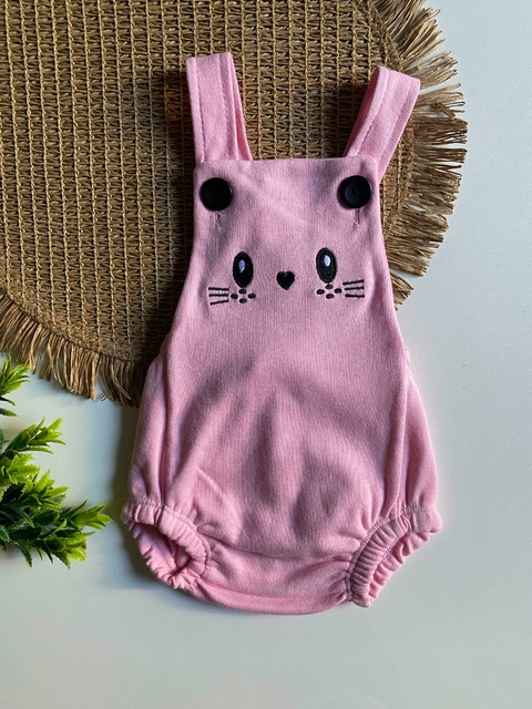 Jardineira Romper Bebê Bordado Rosa - Baby Mee