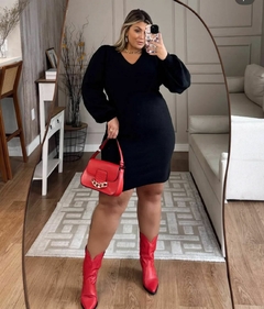 VESTIDO TRICÔ MANGA BUFANTE - DL MODA PLUS SIZE