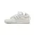Imagem lateral do tênis Adidas Forum Buckle Low x Bad Bunny Last Forum em bege e branco, com detalhes em couro e camurça, fivela ajustável e tira de velcro.