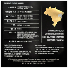 Detalhes do Café STOKE-ED: 100% arábica, variedade Catuaí Vermelho, origem controlada na Bahia, torra média, notas de chocolate e frutas, sem glúten.