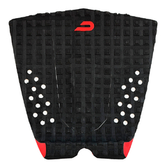 Deck de surf Dylan Shapes D2 preto com detalhes vermelhos, ideal para alto desempenho e aderência em pranchas de performance.