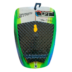 Deck Stretch Mr. Buzz preto com logo amarelo. Grip 3 peças em EVA com alta aderência, ideal para surf radical e controle nos aéreos.