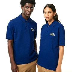 Polo Lacoste Big Croc Azul Royal Loose Fit com Logo do Crocodilo Bordado 