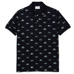 Camiseta Polo Lacoste Azul Escuro Preto Toda Estampada com Crocodilo Logo Multi Croco