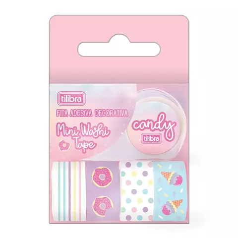 Mini Fita Adesiva Washi Tape 12mmX3m Candy - Blister com 5 + Dispenser