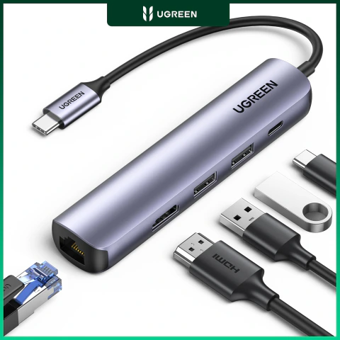 Hub adaptador usb-c ugreen 5 en 1 hdmi 4k rj45 pd 100w