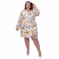 Vestido Feminino Curto floral Decote V Fenda Lateral Manga Longa Bufante Bolsos Zíper Estampa Floral Viscolinho GG ao G4 (154vestviscurtmlongbrancoGG)