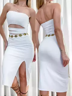 Vestido Feminino Midi em Poliamida sem Alça Recorte Triplo Thamires Ref. 1304