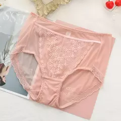 Calcinha de renda transparente feminina tamanhos grandes com cintura alta verão sexy malha oco para fora cuecas femininas plus size - Be Level