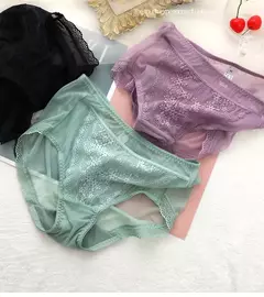 Imagem do Calcinha de renda transparente feminina tamanhos grandes com cintura alta verão sexy malha oco para fora cuecas femininas plus size