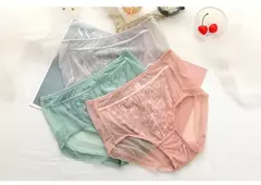 Calcinha de renda transparente feminina tamanhos grandes com cintura alta verão sexy malha oco para fora cuecas femininas plus size - Be Level