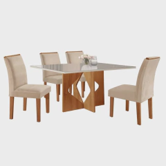 Conjunto Sala de Jantar Mesa Dakota Plus 120x80cm Tampo Vidro com 4 Cadeiras Laura