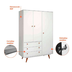 Guarda-Roupa Casal Retrô Plus 3 pt 3 gv Branco Acetinado - MbOutlet