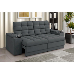 Sofá Confort Premium 1,70m Assento Retrátil/Reclinável porta copos e USB Suede Cinza