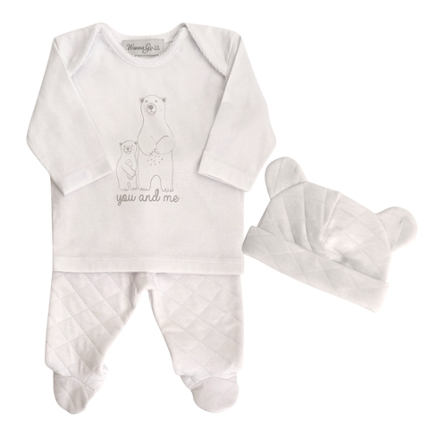 Conjunto de Tres Piezas, Batita, Ranita y Gorro, Combinado en Jersey Soft y Matelasse Doble - comprar online