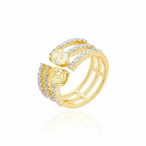 Anel 3 Fileiras Entreabertas Meia Cravação Zironias Brancas e Gota 4mm Yellow Fancy de Cada Lado - Prata 925 com Banho de Ródio