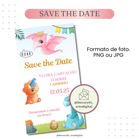 Save The Date Dino Baby Rosa Digital Virtual - comprar online