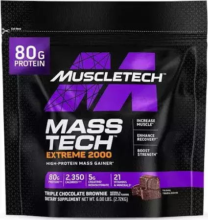 Proteina Ganador Muscletech Mass Tech Extreme 2000 20 Libras Sabor Triple Chocolate Brownie and Vainilla milkshake