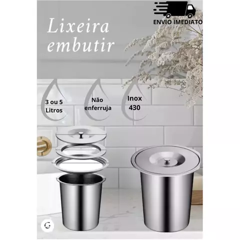 Lixeira de Embutir 3 Litros Inox Para Pia Granito Gourmet Luxo