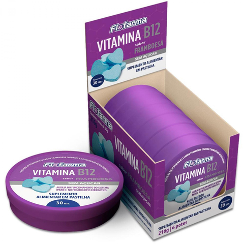 Vitamina B12 em Pastilhas Flofarma – Display com 6 Potes (180 pastilhas) Sabor Framboesa – Sem Açúcar