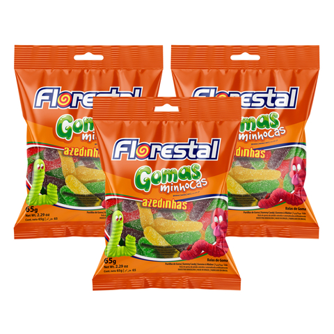 Kit 3x Bala de Goma Minhocas Azedinhas Florestal – 65g cada (Total 195g)