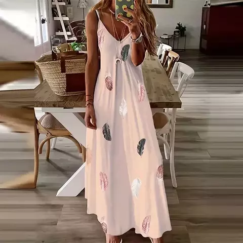 Vestido Maxi com Estampa de Penas