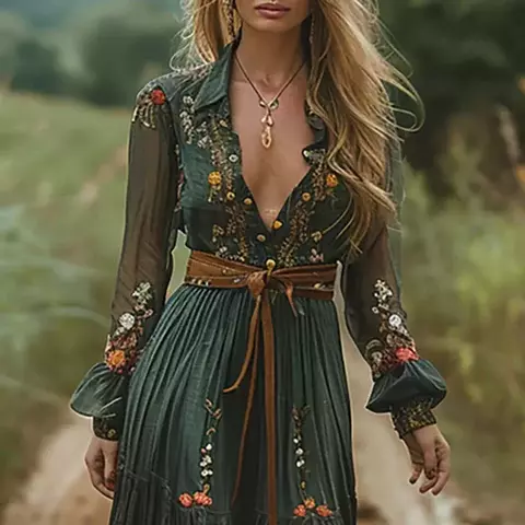 Vestido Longo Estilo Étnico Retro Floral