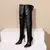 Botas femininas preto fosco dedo do pé pontiagudo coxa alta botas longos outono na internet