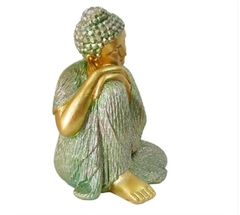 Estátua Buda em Repouso 21cm - Dourado Veste Verde - loja online