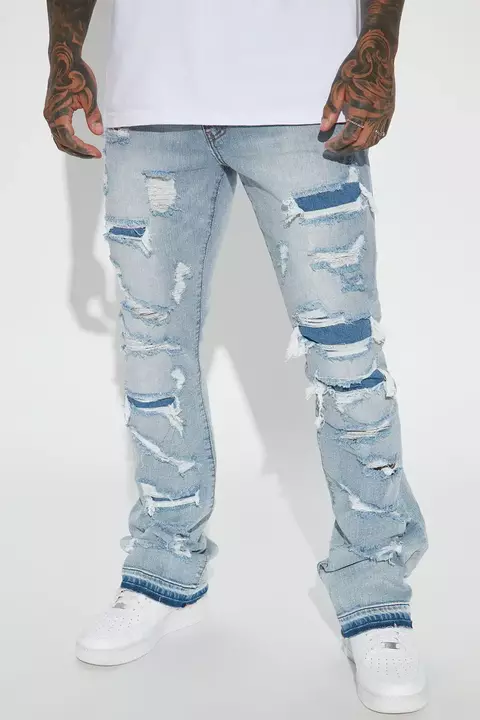 Ripped Skinny Flared Jeans - Vintage Blue Wash