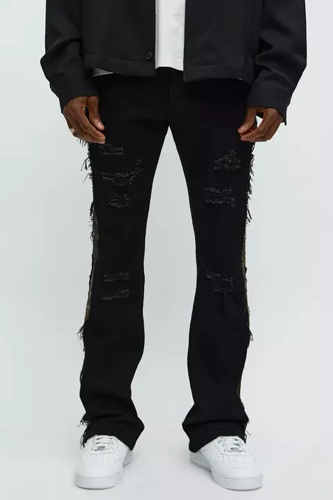 Camo Ripped Stacked Skinny Flare Jeans - Black