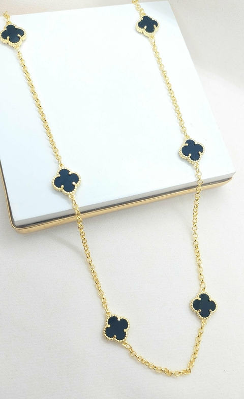 Colar de 6 Trevos Pretos Banhado a Ouro na Corrente de Elo Português - comprar online