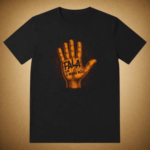 Camiseta preta unissex com estampa centralizada de uma mão aberta com a frase “Fala com a minha mão”