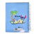 Caderno espiral azul com ilustração dos personagens Stitch e boneco Scrump da Disney, com palmeira e areia