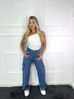 Calça cargo jeans wide leg - Closet Cereja Flor