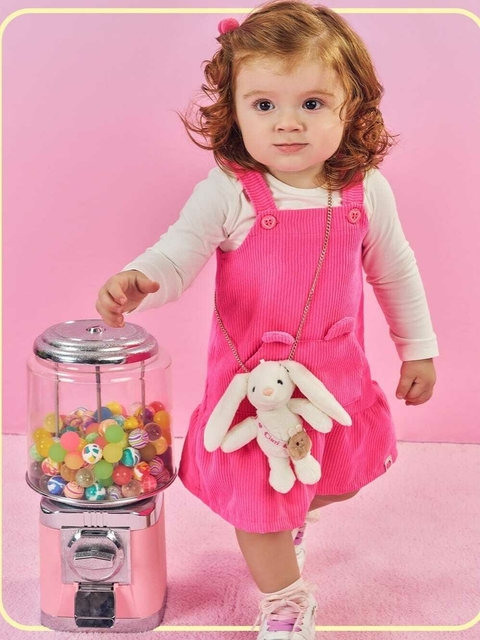 CONJUNTO BODY MANGA LONGA E SALOPETE ROSA NEON