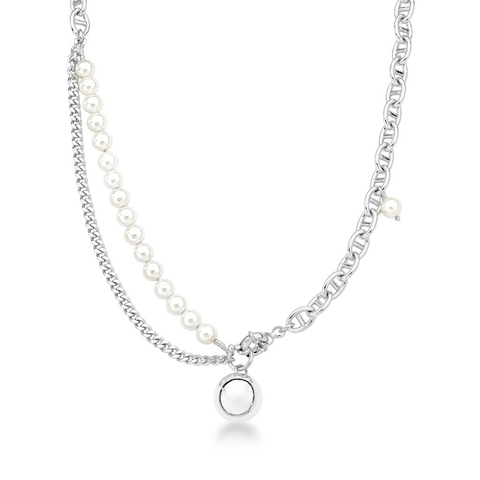 Colar com elos e pérolas shell e banho de ródio branco 45 cm