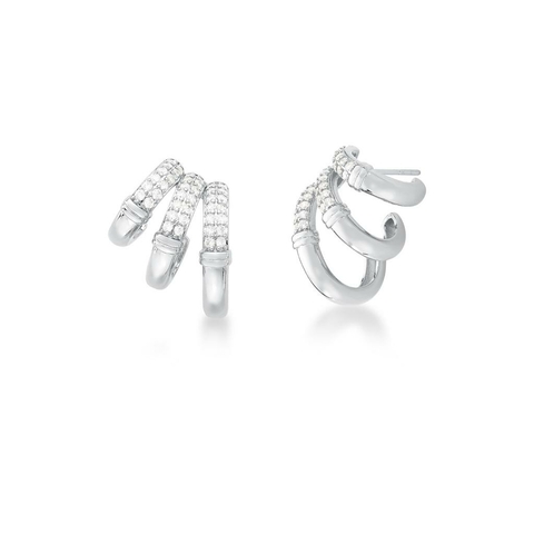 Brinco meia argola três voltas com fileiras e zircônias e banho de ródio branco