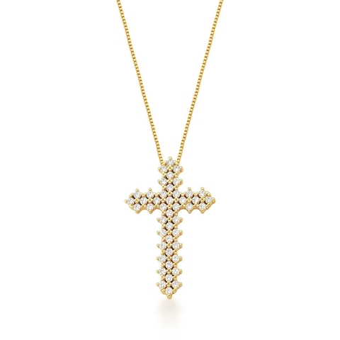 Corrente com pingente de cruz e zirconias brancas cravejadas 45cm +5 de extensor com banho de ouro