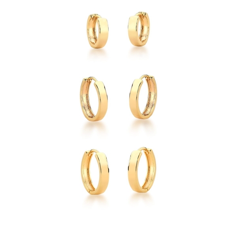 Trio de argolas lisas P 1,5cm M 2cm e G 2,5 cm com banho de ouro