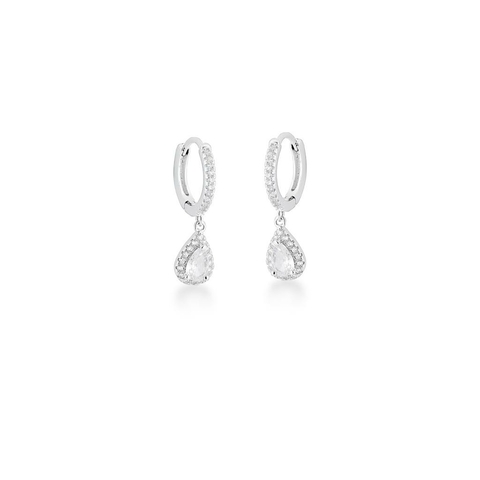 Argola com pingente de gota cristal Prata 925 cravejada com zirconias e banho de ródio branco