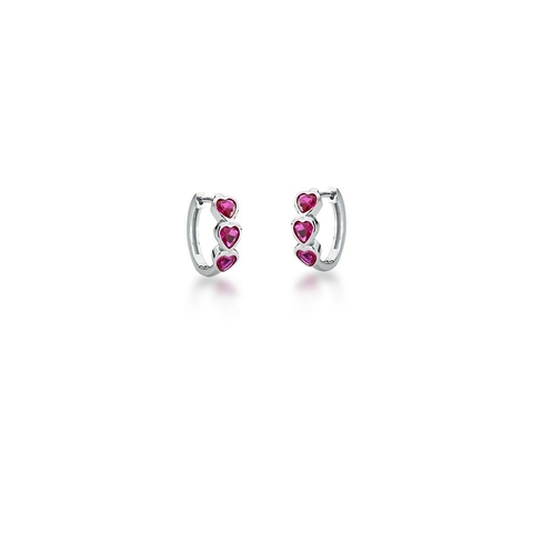 Brinco argola 3 corações zirconia pink em prata 925