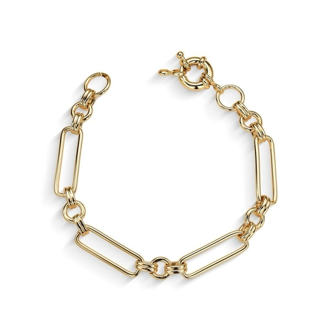 Pulseira em elos retangulares lisos com banho de ouro 18 cm + 5 de extensor