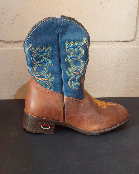 Bota Texana Infantil Couro Bovino Marrom com Marinho