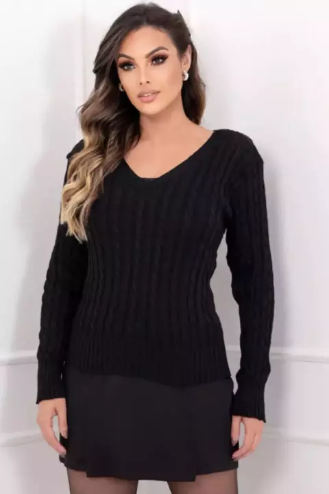 Blusa de frio sueter trico trança decote V