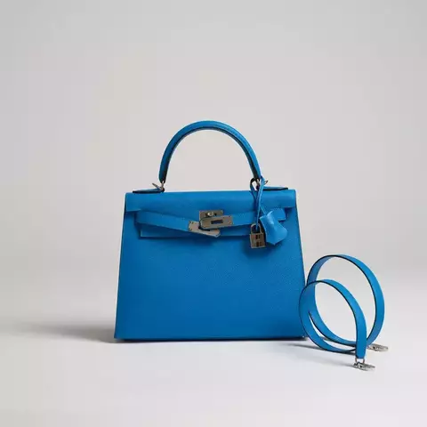 Hermès 28cm Kelly Sellier azul zanzibar epsom paládio ferragens